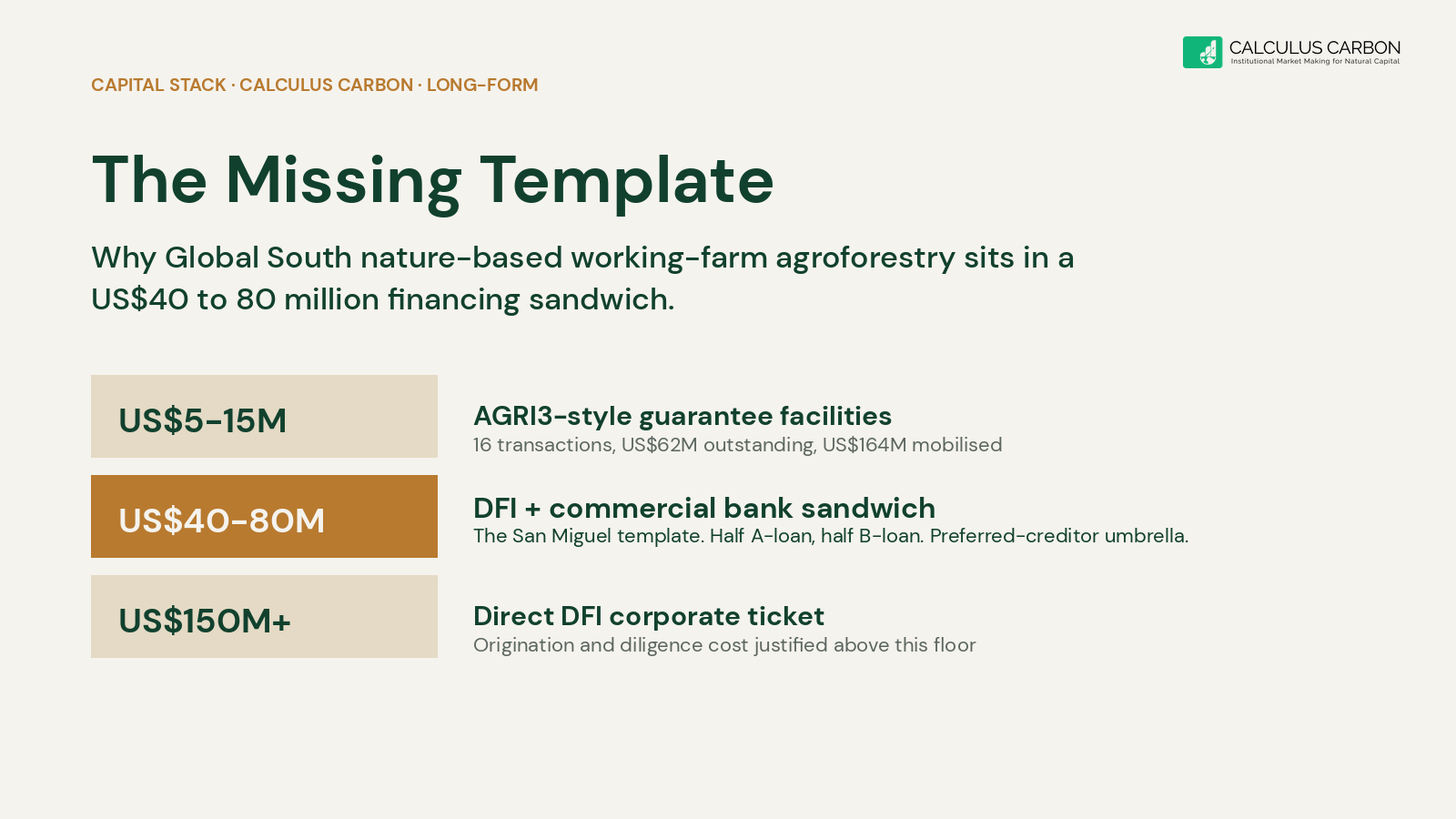 Cover card showing the San Miguel US$81 million capital stack: two IFC and IDB Invest A-loans of US$20.25 million each with preferred-creditor treatment, two Rabobank B-loans of US$20.25 million each syndicated under the same umbrella, eight-year tenor with two-year grace and June 2034 maturity.