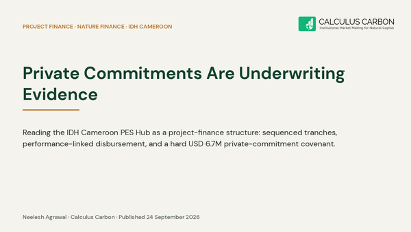 IDH Cameroon PES Hub as a project-finance structure with sequenced tranches and a USD 6.7M private-commitment covenant.