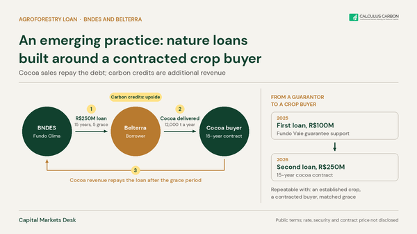 An emerging practice: nature project loans built around a contracted crop buyer, shown through Belterra's R$250M BNDES loan.